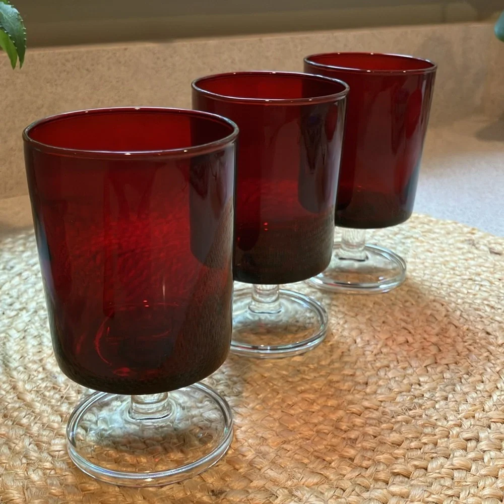 Set of (3) Vintage MCM Ruby Red Footed Wine Glasses - Luminarc France